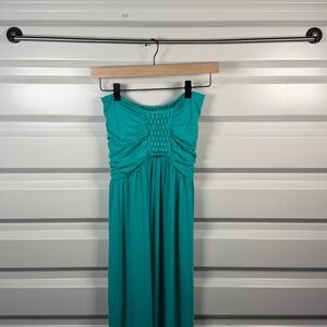 Bel Kazan Teal Green Strapless Maxi Dress Woven Lattice Bodice Smocked Back S